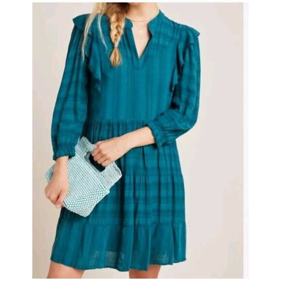 Anthropologie Amadi Turquoise Rossi Ruffled Tunic Long-Sleeve Dress - Size L - Picture 2 of 9